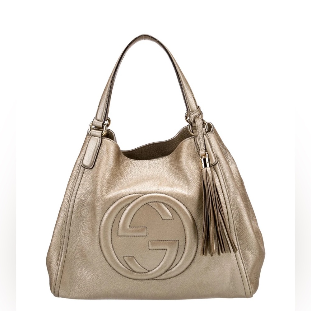 GUCCI Soho Shoulder bag in matte metallic gold pebbled leather Large
